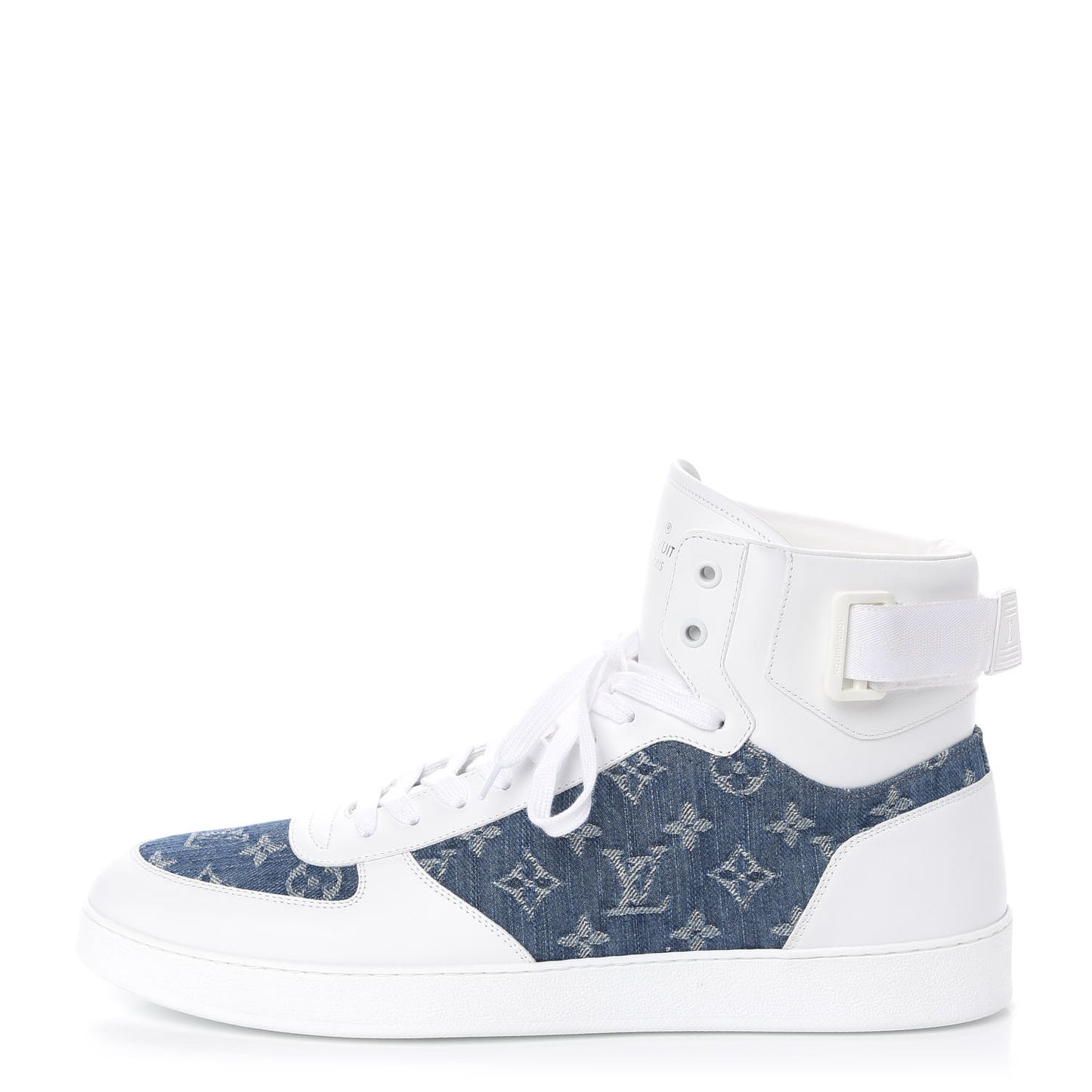 Calfskin Monogram Denim Rivoli High Top Sneakers 11.5 White