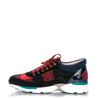 Chanel Tweed Suede Patent Calfskin Sneakers 36 Red Black Navy 1 of 8