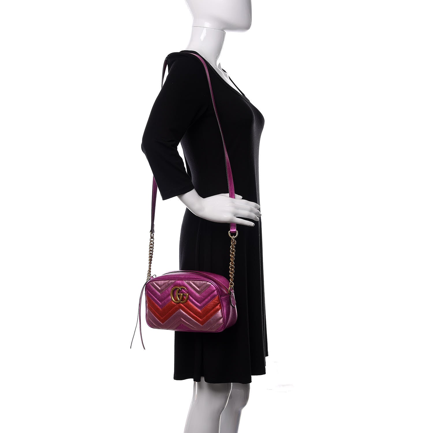 Gucci Laminated Nappa Matelasse Small GG Marmont Chain Shoulder Bag Fuxia Rosso Rosa 2 of 11
