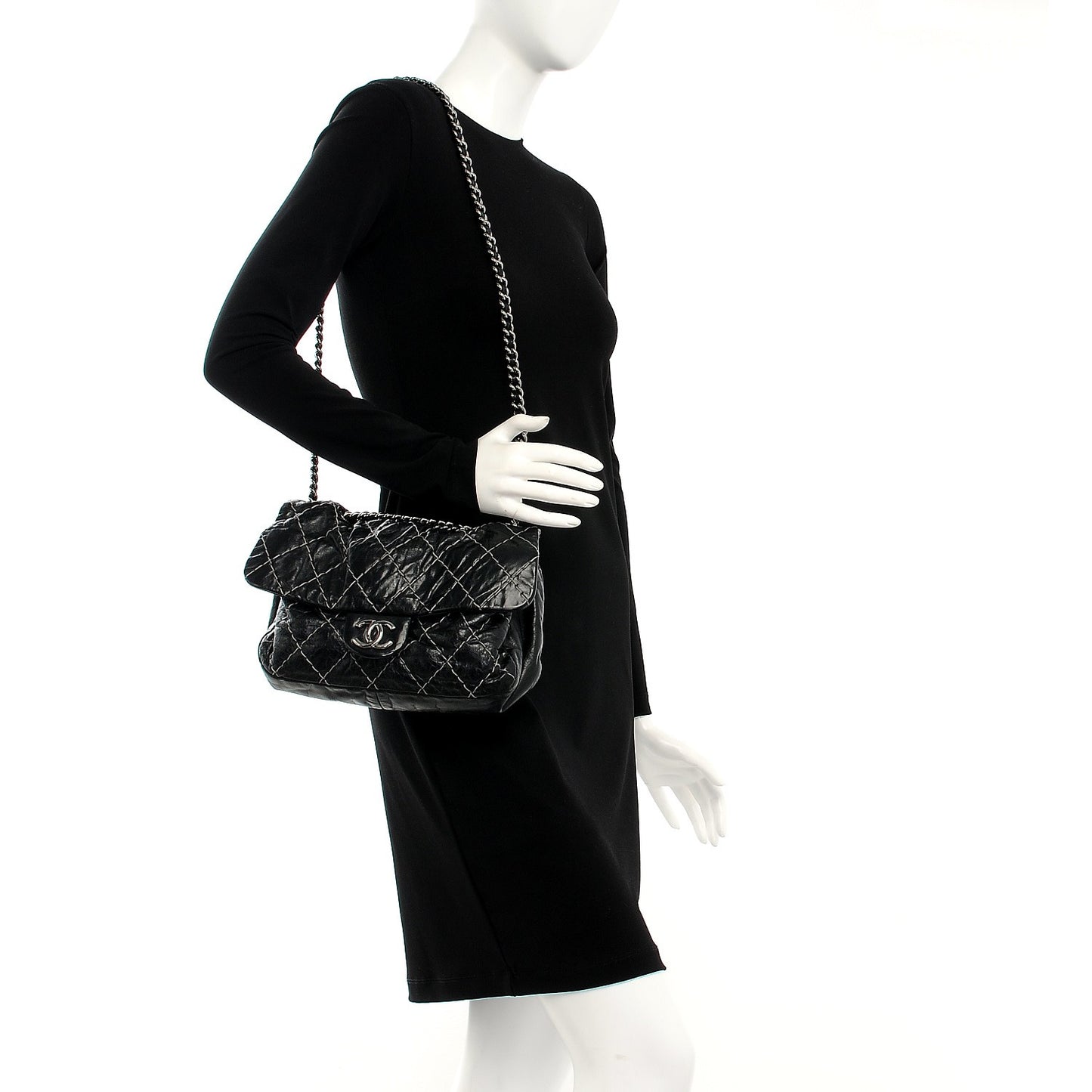 Glazed Goatskin Double Stitch Flap Black