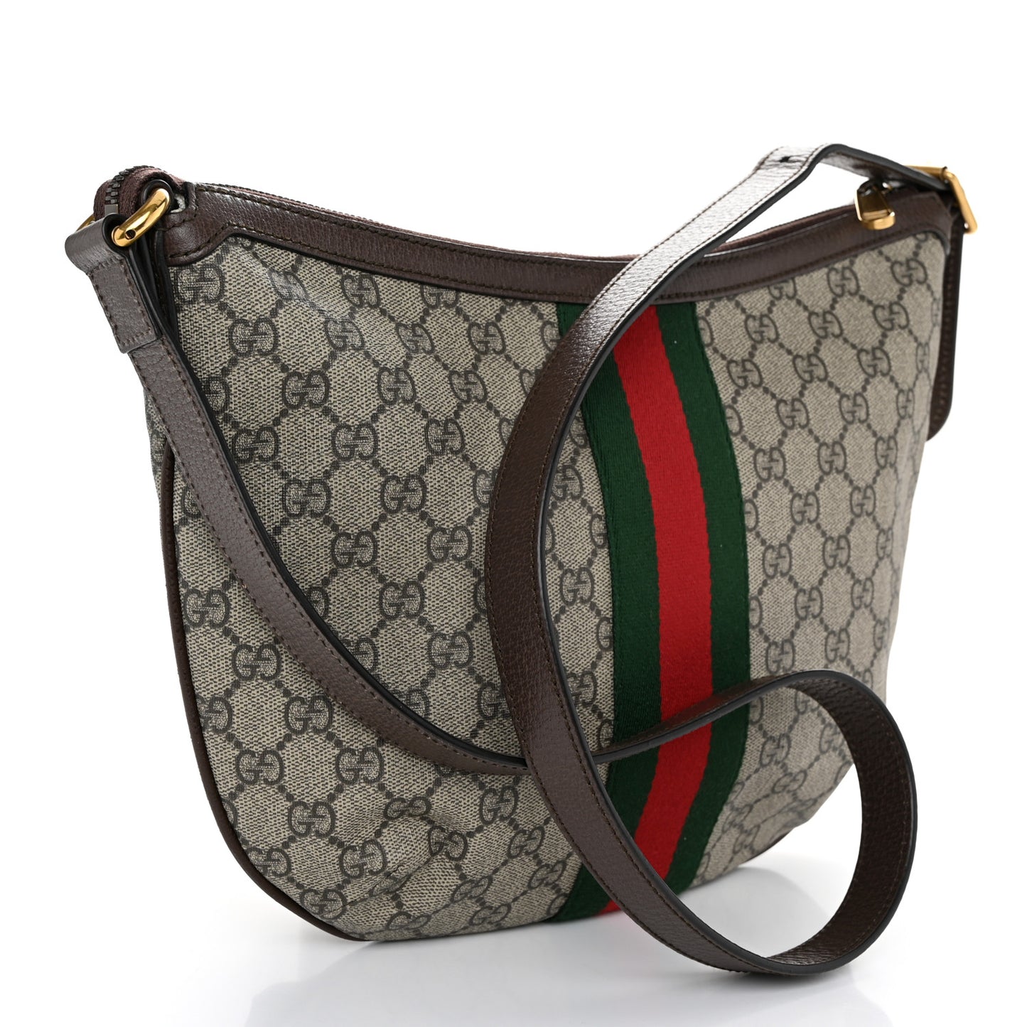 GG Supreme Monogram Textured Dollar Calfskin Web Small Ophidia Half Moon Hobo Beige Ebony New Acero