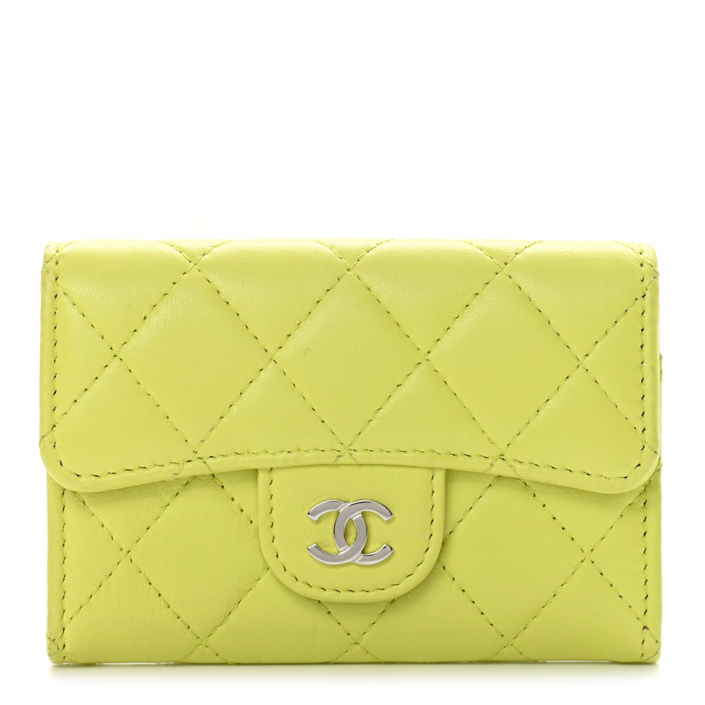 Lambskin Quilted Flap Card Holder Wallet Yellow