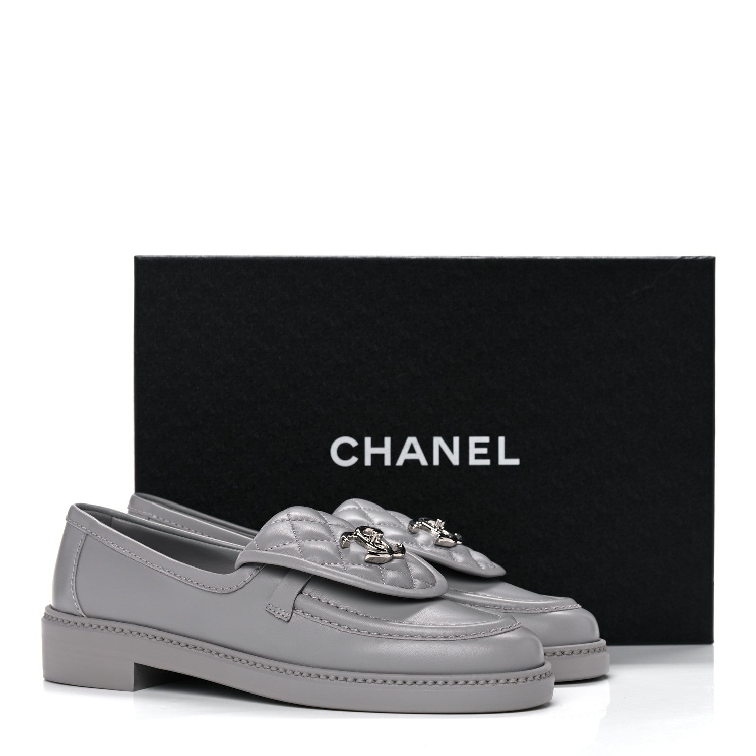 Chanel Lambskin Quilted CC Turnlock Loafers 37 Grey 9 of 9