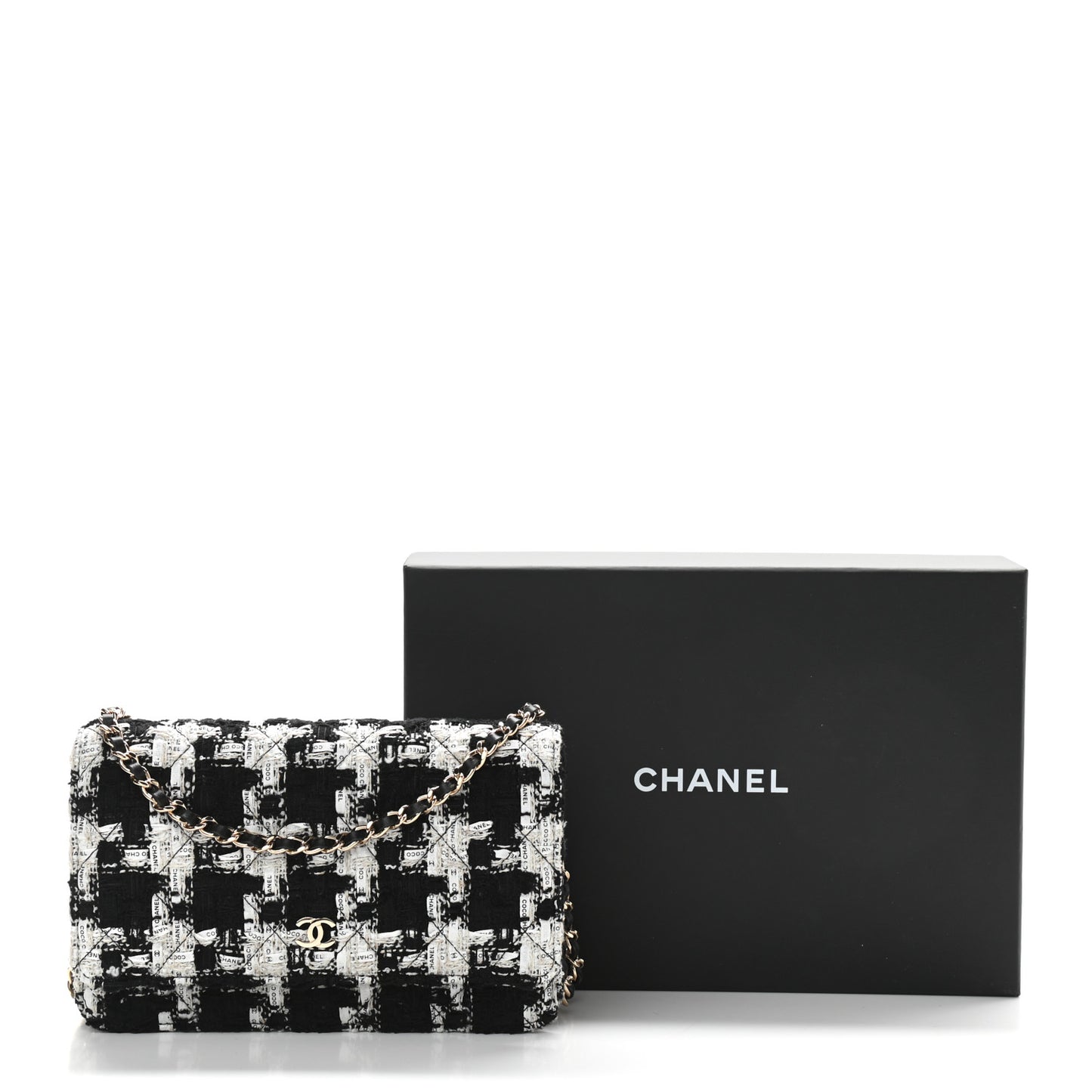 Tweed Quilted Wallet On Chain WOC Black Ecru White