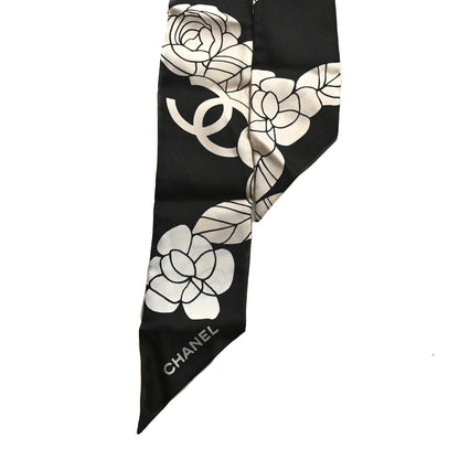Chanel Silk Slim Camellia CC Bandeau Scarf Beige Black 2 of 3