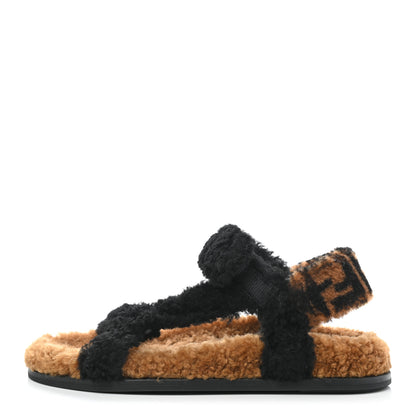 Fendi Shearling FF Fendi Feel Sandals 38 Tobacco Black 1 of 6