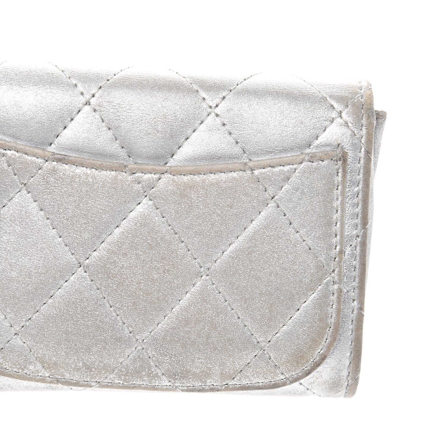Metallic Lambskin Quilted Flap Card Holder Wallet Silver