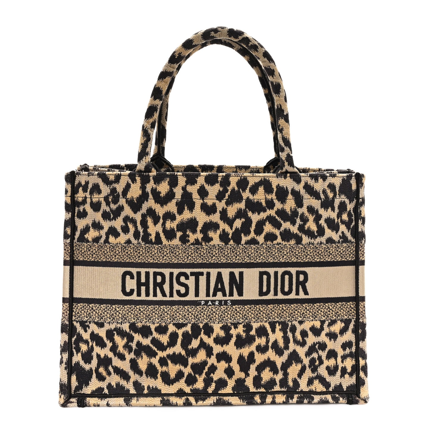 Canvas Mizza Embroidered Medium Leopard Book Tote Beige