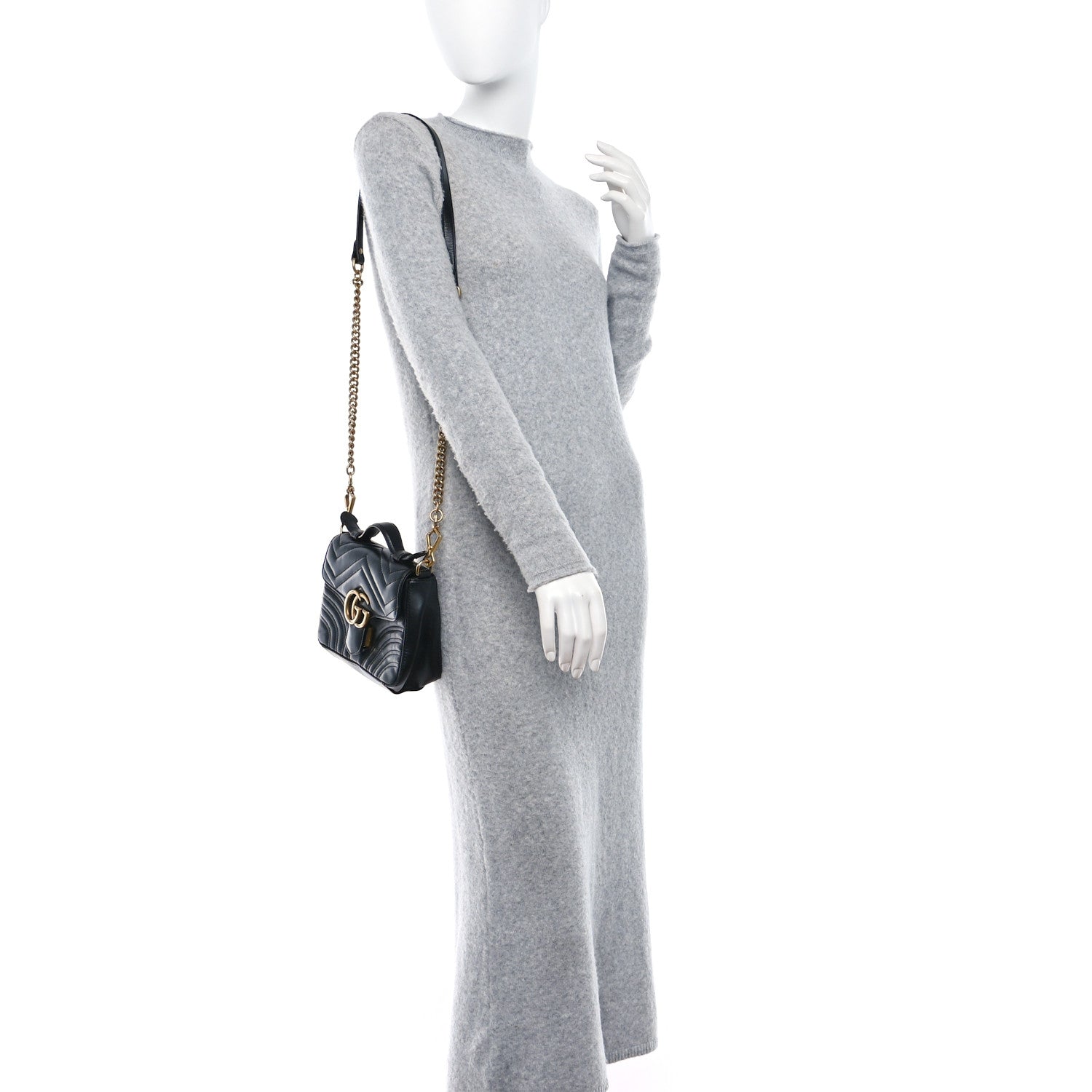 Gucci Calfskin Matelasse Mini GG Marmont Top Handle Shoulder Bag Black 2 of 11