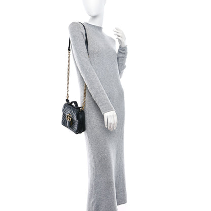 Gucci Calfskin Matelasse Mini GG Marmont Top Handle Shoulder Bag Black 2 of 11