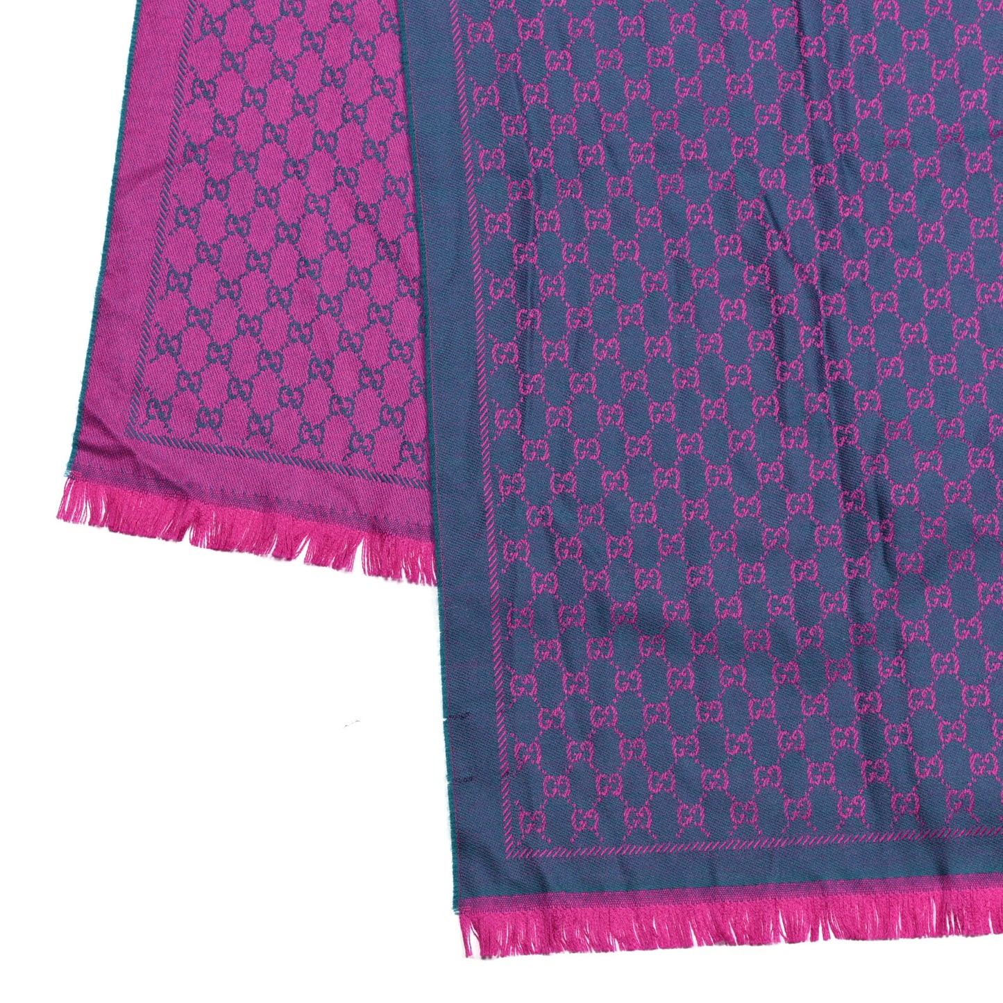 Wool GG Monogram Reversible New Sten Fringe Scarf Petroleum Blue Pink