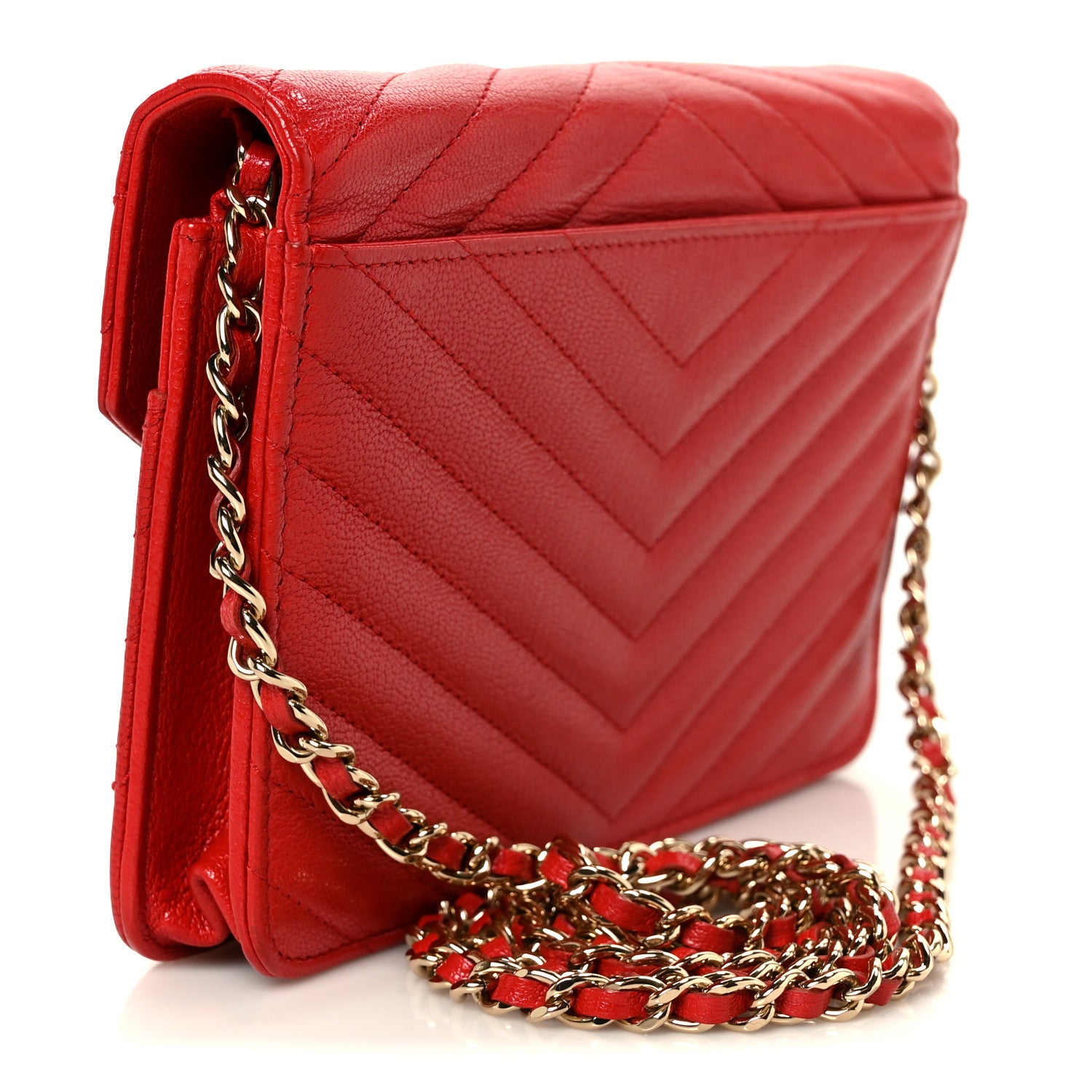 Chanel Goatskin Chevron Quilted Statement Wallet On Chain WOC Red 3 of 12