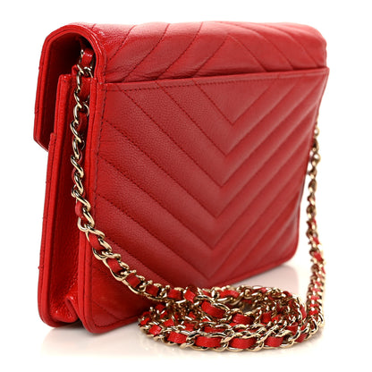 Chanel Goatskin Chevron Quilted Statement Wallet On Chain WOC Red 3 of 12
