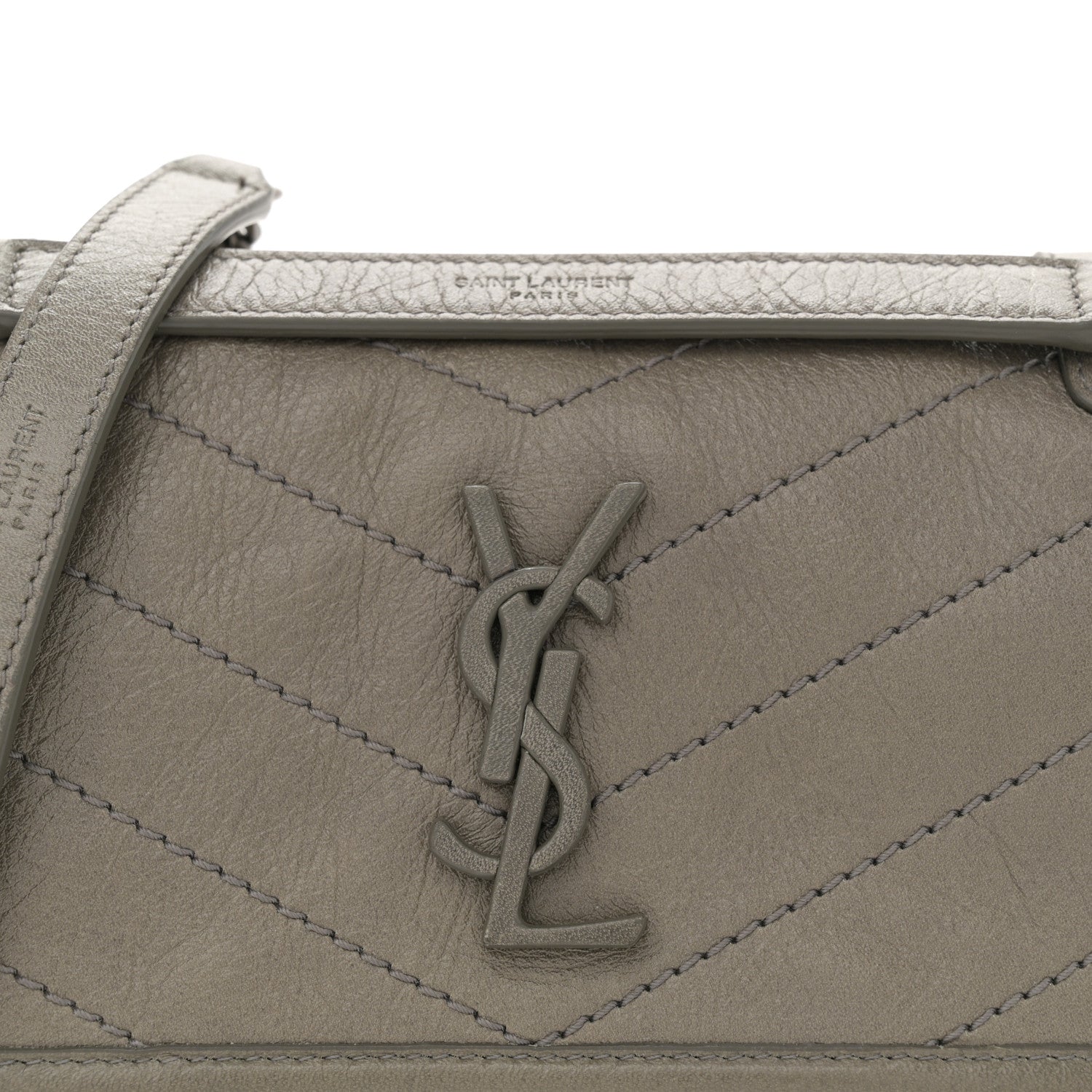Saint Laurent Crinkled Calfskin Matelasse Monogram Baby Niki Chain Satchel Grey Kaki 8 of 10