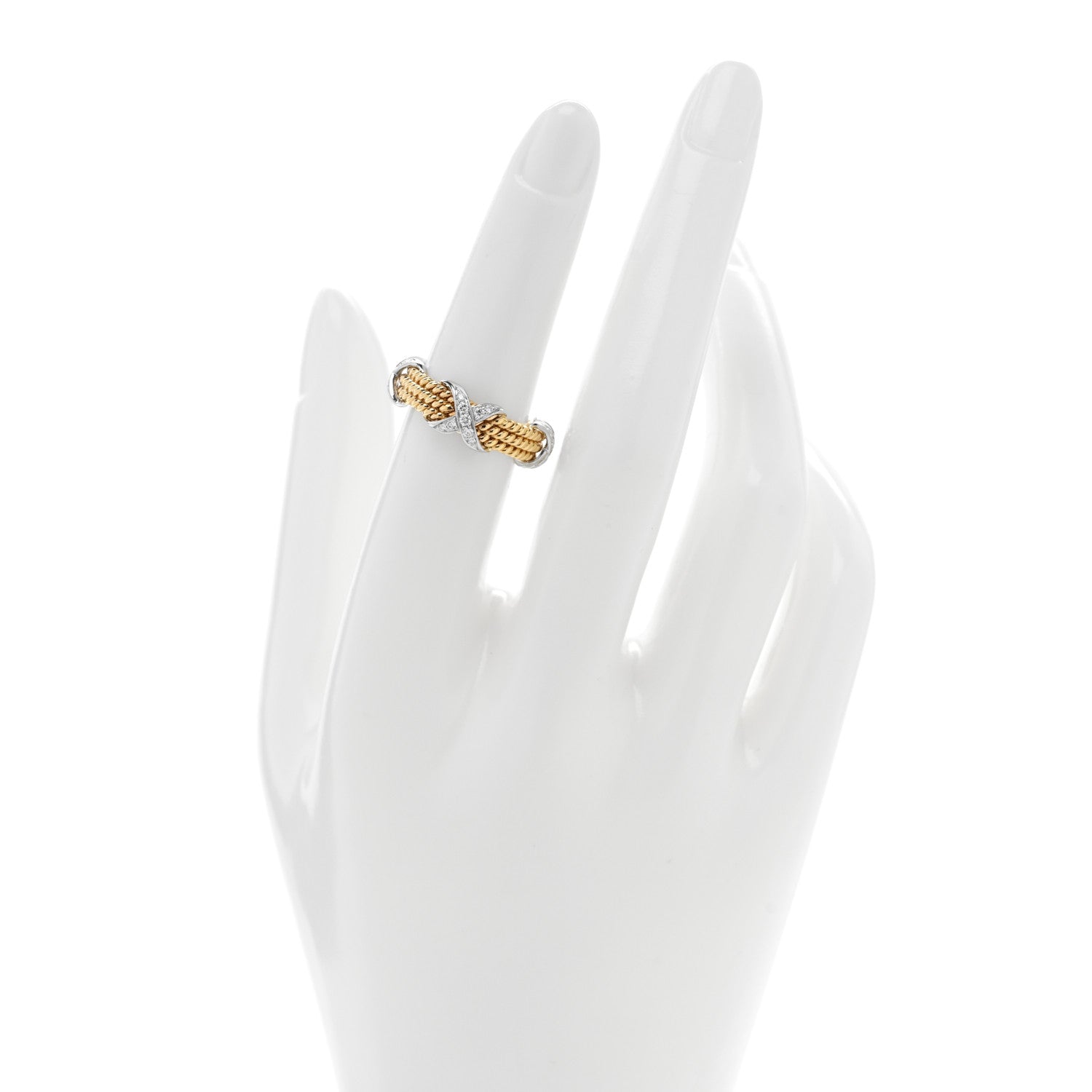Tiffany 18K Yellow Gold Platinum Diamond Schlumberger Rope Three Row X Ring 52 6 2 of 4