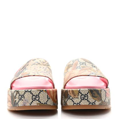 Gucci GG Supreme Monogram Water Flora Angelina Platform Slide Sandals 39 Beige Blue Multicolor 2 of 8