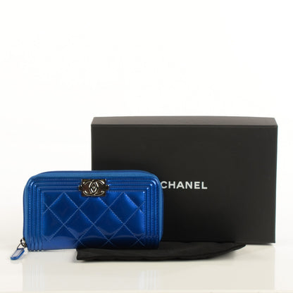 Chanel Metallic Patent Quilted Boy Zip Around Wallet Blue 5 of 9