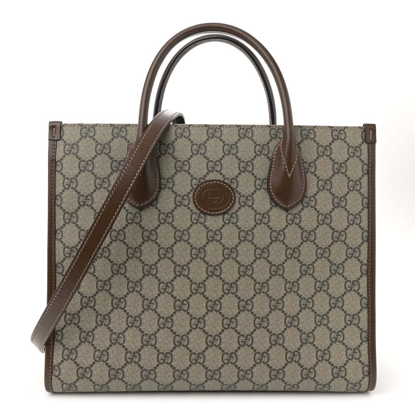 GG Supreme Monogram Azalea Calfskin Small Retro Interlocking G Tote Bag Beige Ebony Brown Sugar