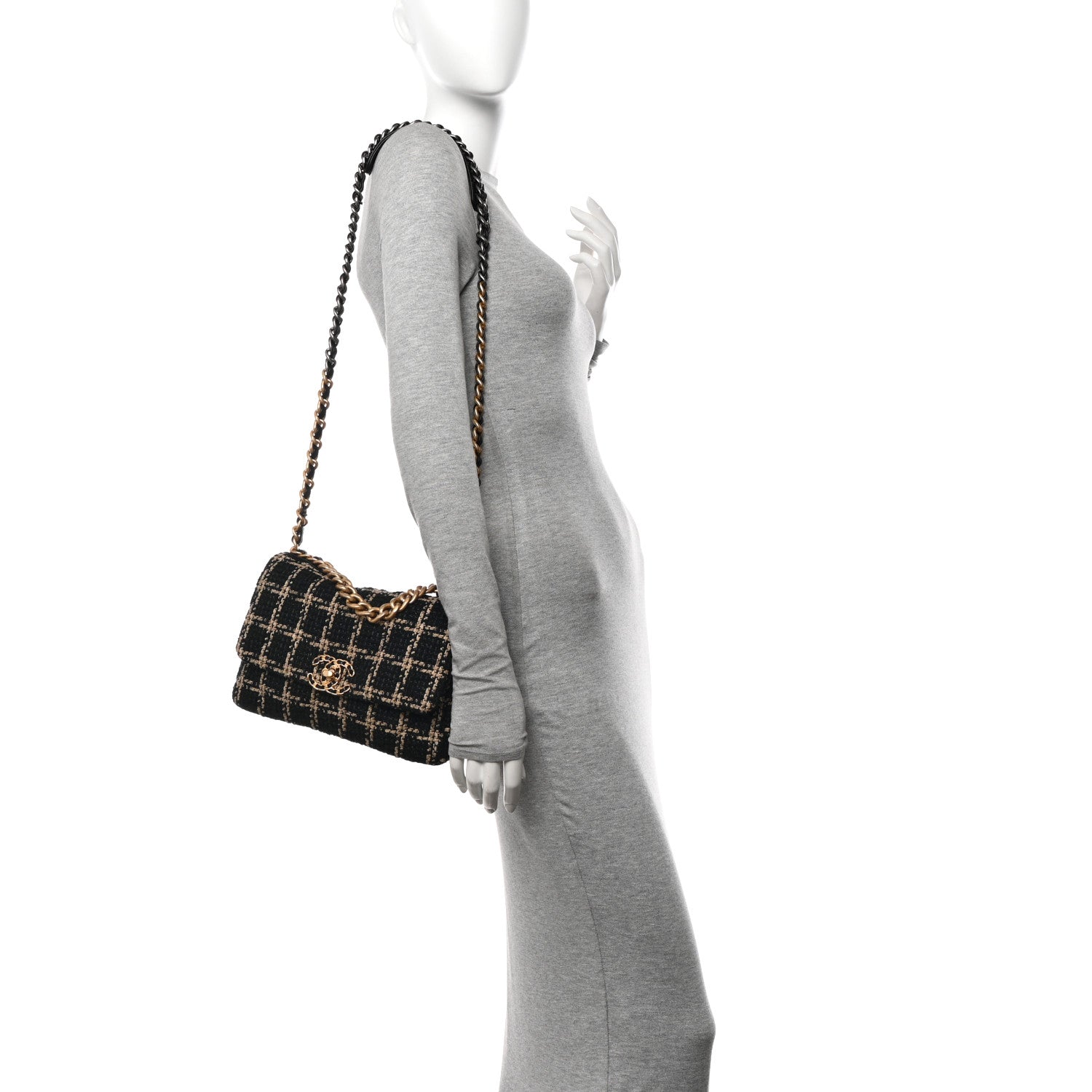 Chanel Tweed Quilted Medium Chanel 19 Flap Black Beige 2 of 10