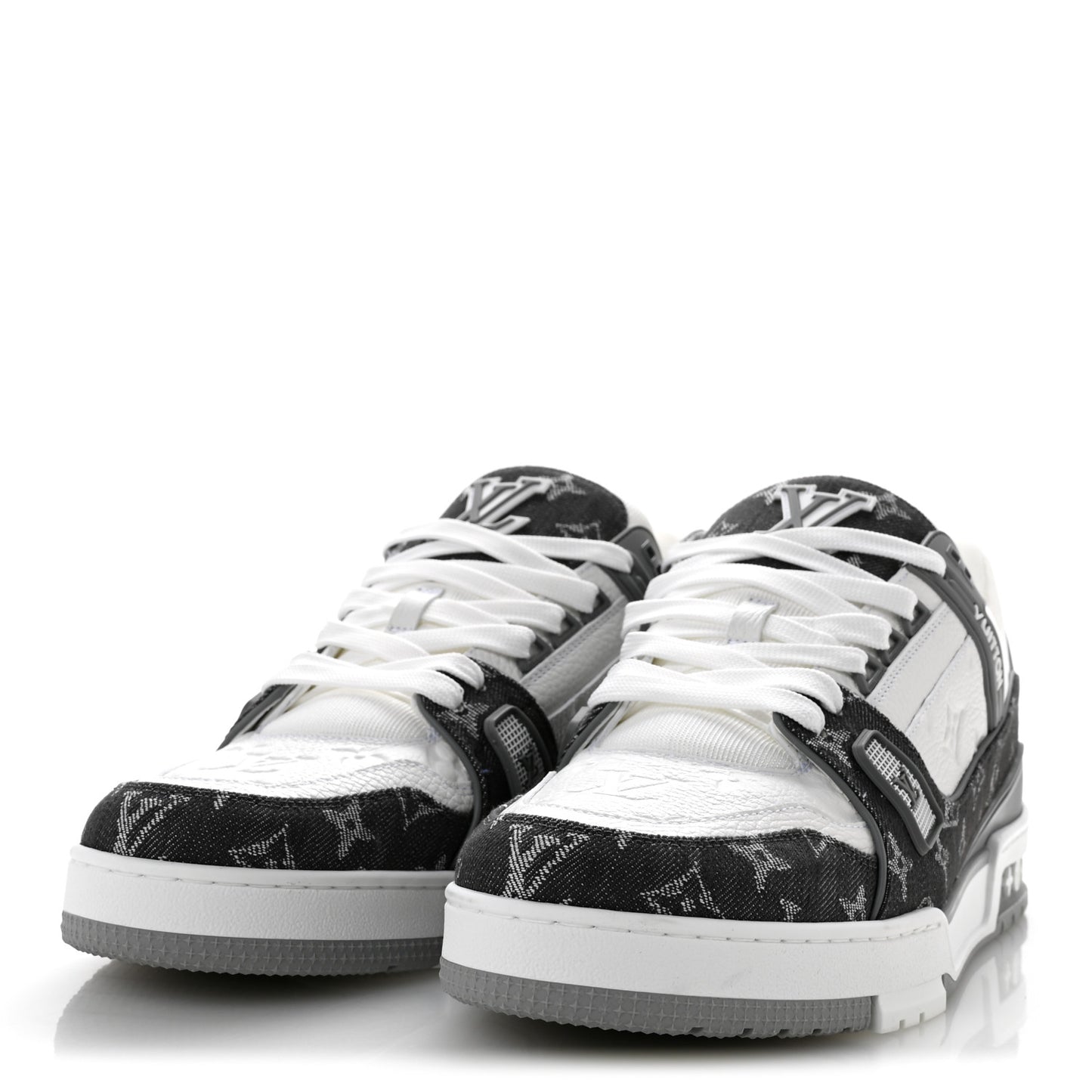 Calfskin Embossed Monogram Denim Mens LV Trainer Sneakers 10 Grey