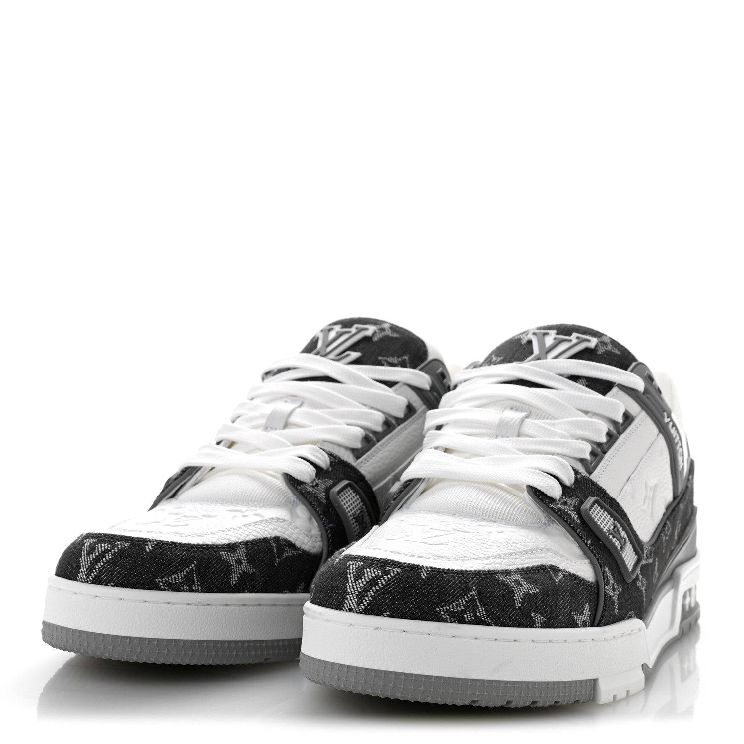 Louis Vuitton Calfskin Embossed Monogram Denim Mens LV Trainer Sneakers 10 Grey 4 of 9
