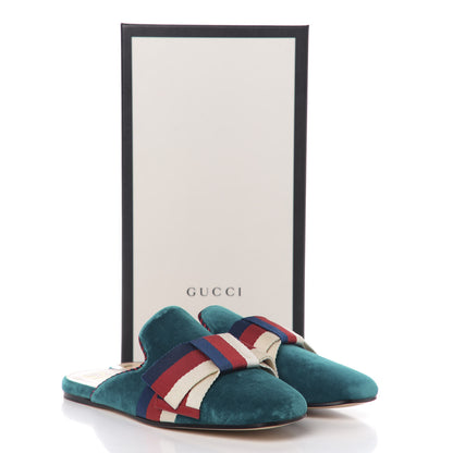 Gucci Softy Velvet Sylvie Bow Slippers 37 Pavone 8 of 8