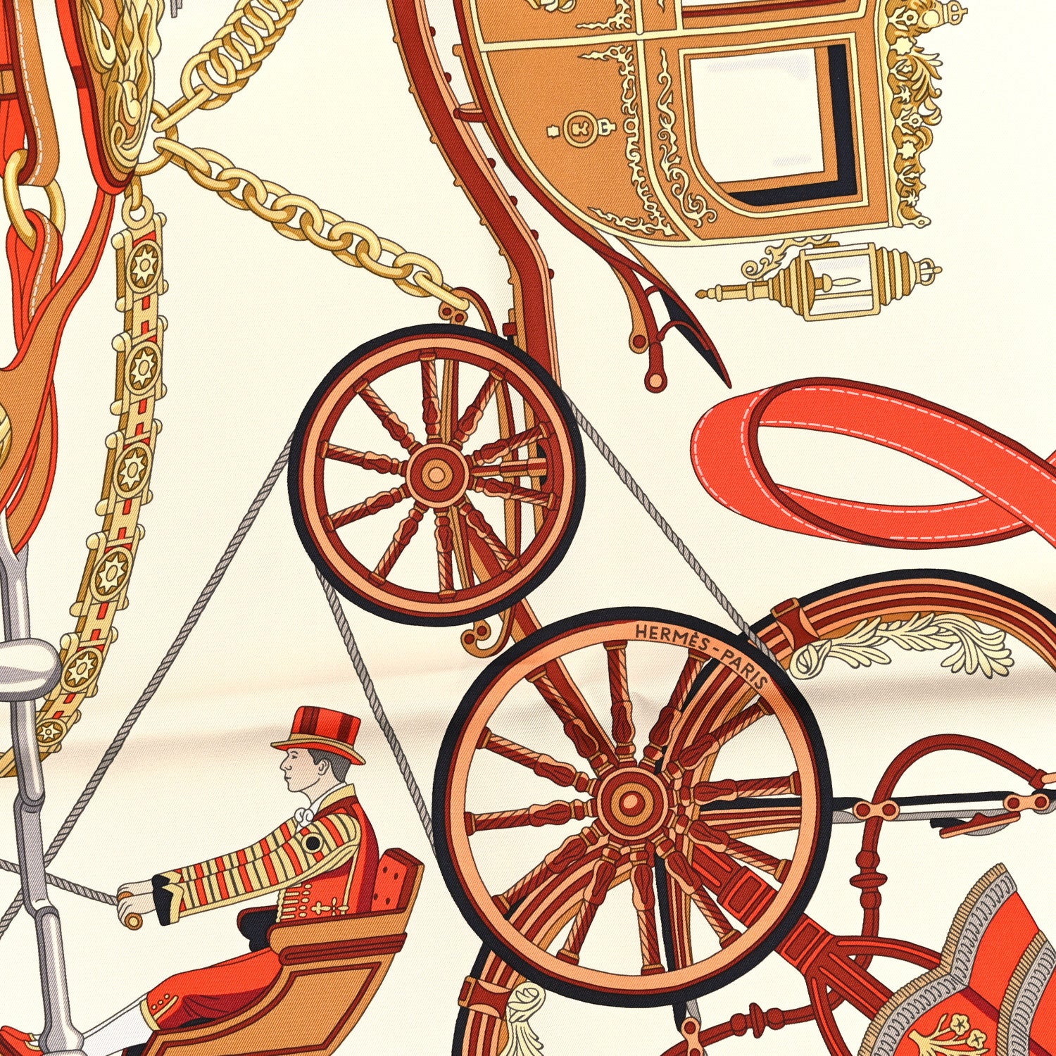 Hermes Silk Stately Wheels Scarf 90 White Orange Gris 2 of 3