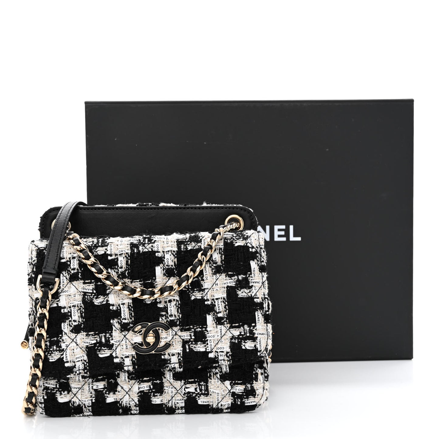 Tweed Lambskin Quilted Flap Black Ecru White