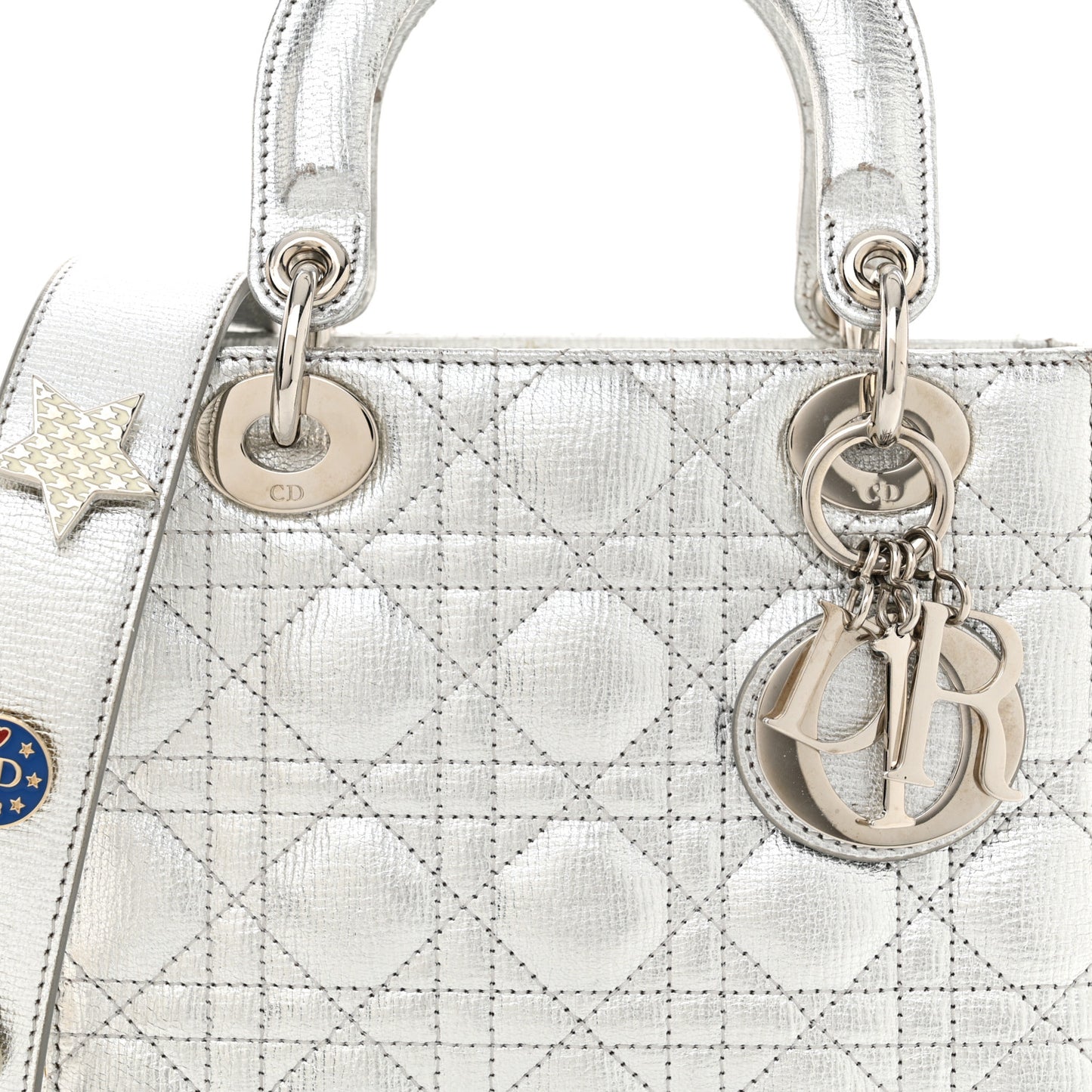 Metallic Grained Calfskin Cannage Small Lucky Badges My Lady Dior Silver