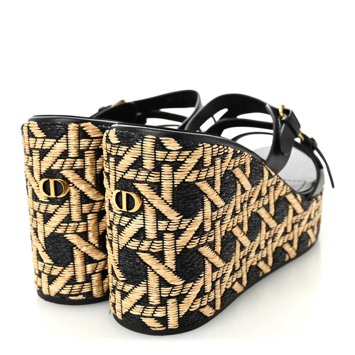 Diorデザインレースハイヒール 37黒/金 Christian Dior Raffia Calfskin L'Amazone Wedge Sandals 37 Black