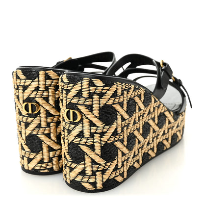 Christian Dior Raffia Calfskin L'Amazone Wedge Sandals 37 Black Natural 5 of 9