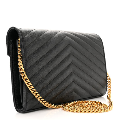 Saint Laurent Grain De Poudre Matelasse Chevron Monogram Chain Wallet Black 3 of 10