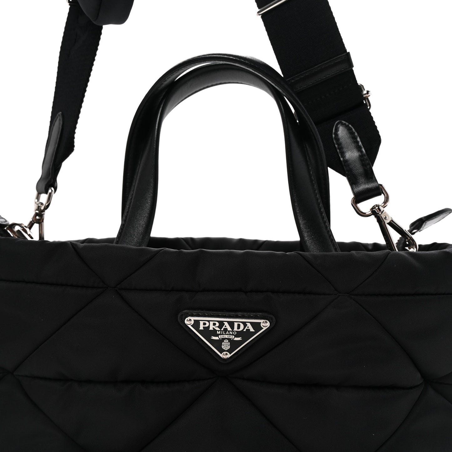 Re-Nylon Nappa Triangle Quilted Padded Double Handled Zip Pocket Tote Black