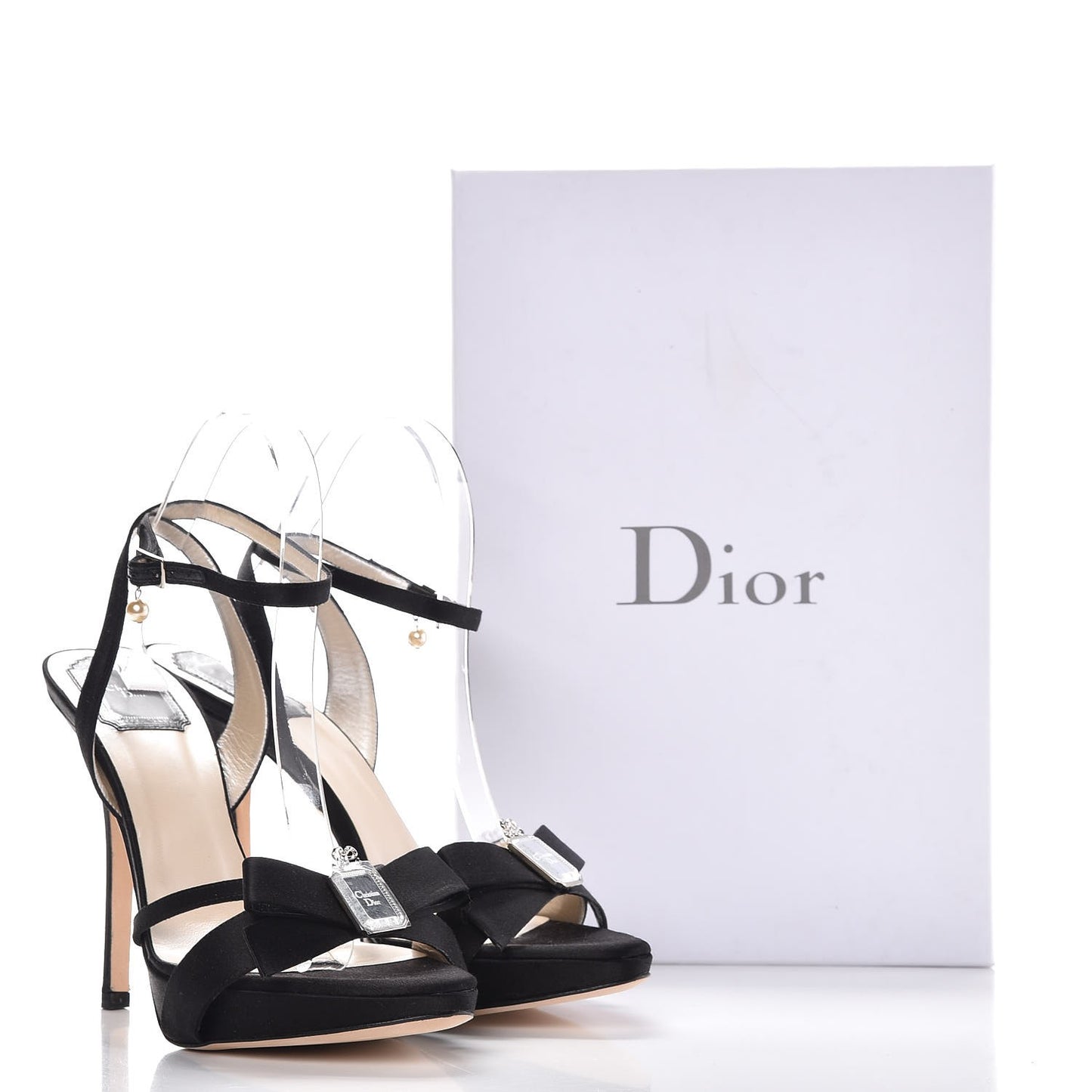Satin Pearl Bow Anniversary Ankle Strap Sandals 38.5 Black