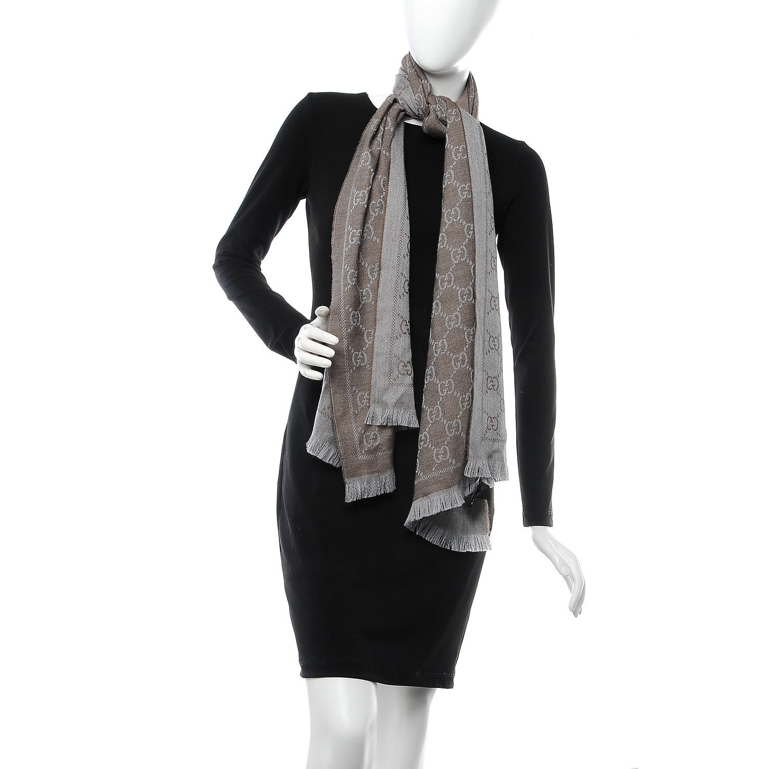 Gucci Wool Monogram Fringe Scarf Gray 2 of 5