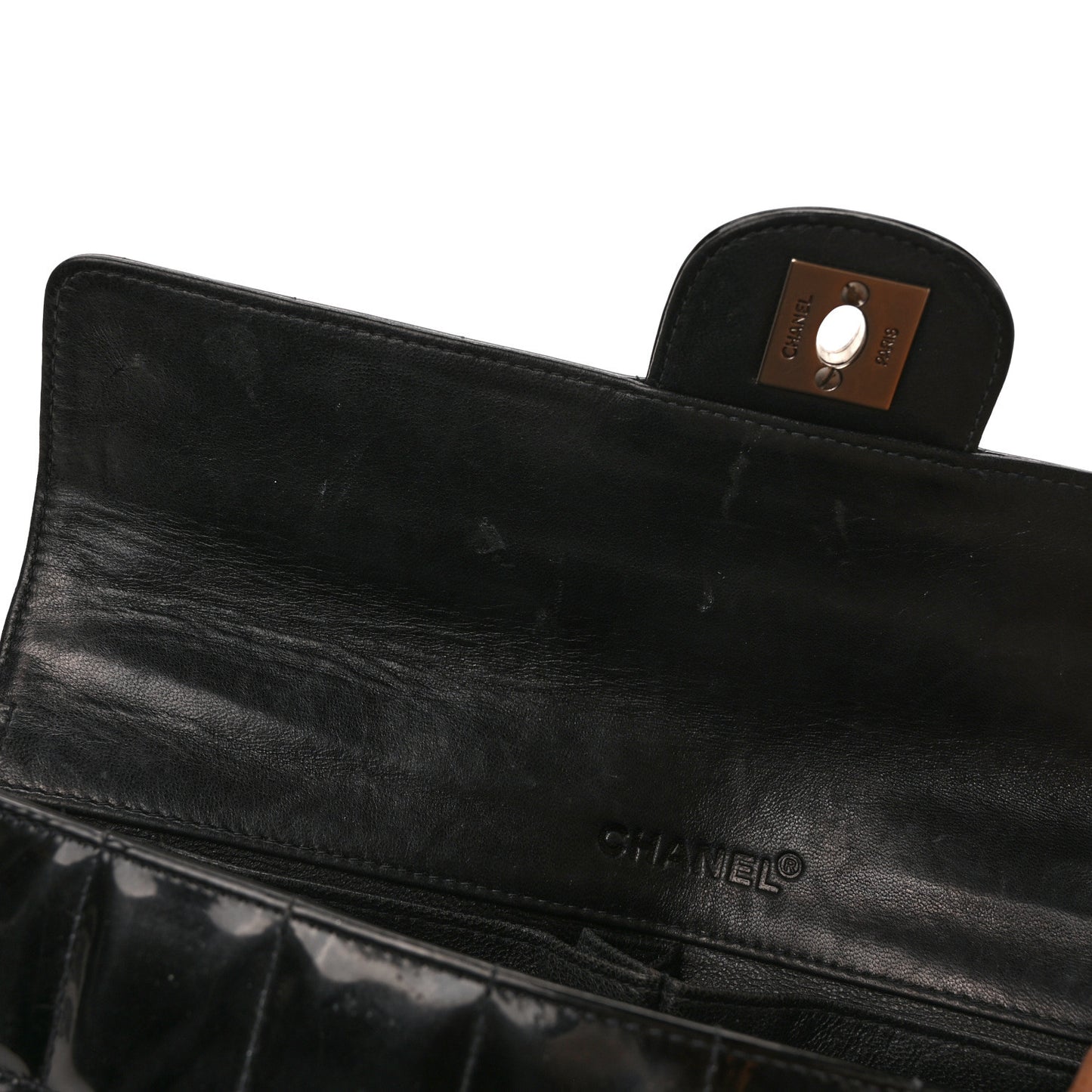 Patent Quilted East West Chocolate Bar Flap Black