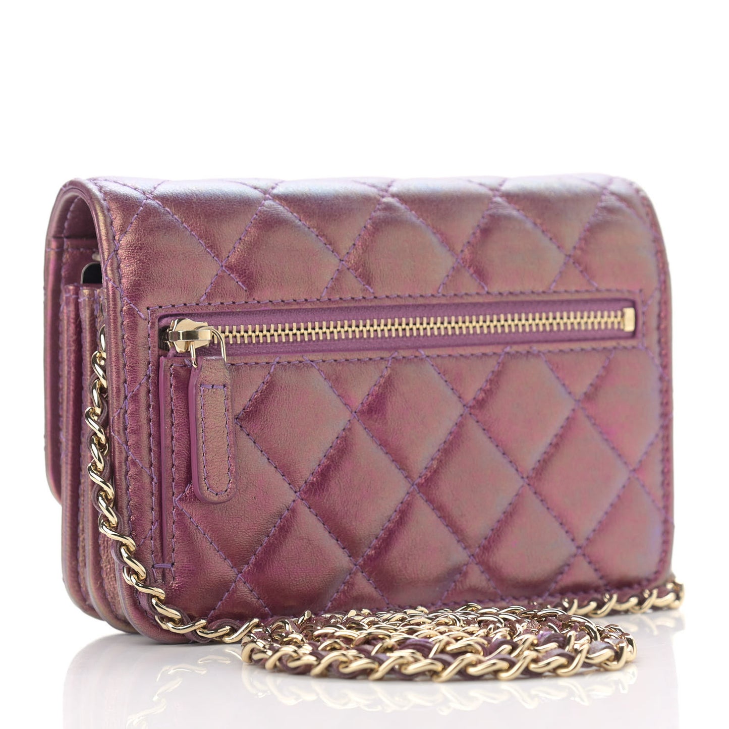 Iridescent Lambskin Quilted Mini Wallet On Chain WOC Purple
