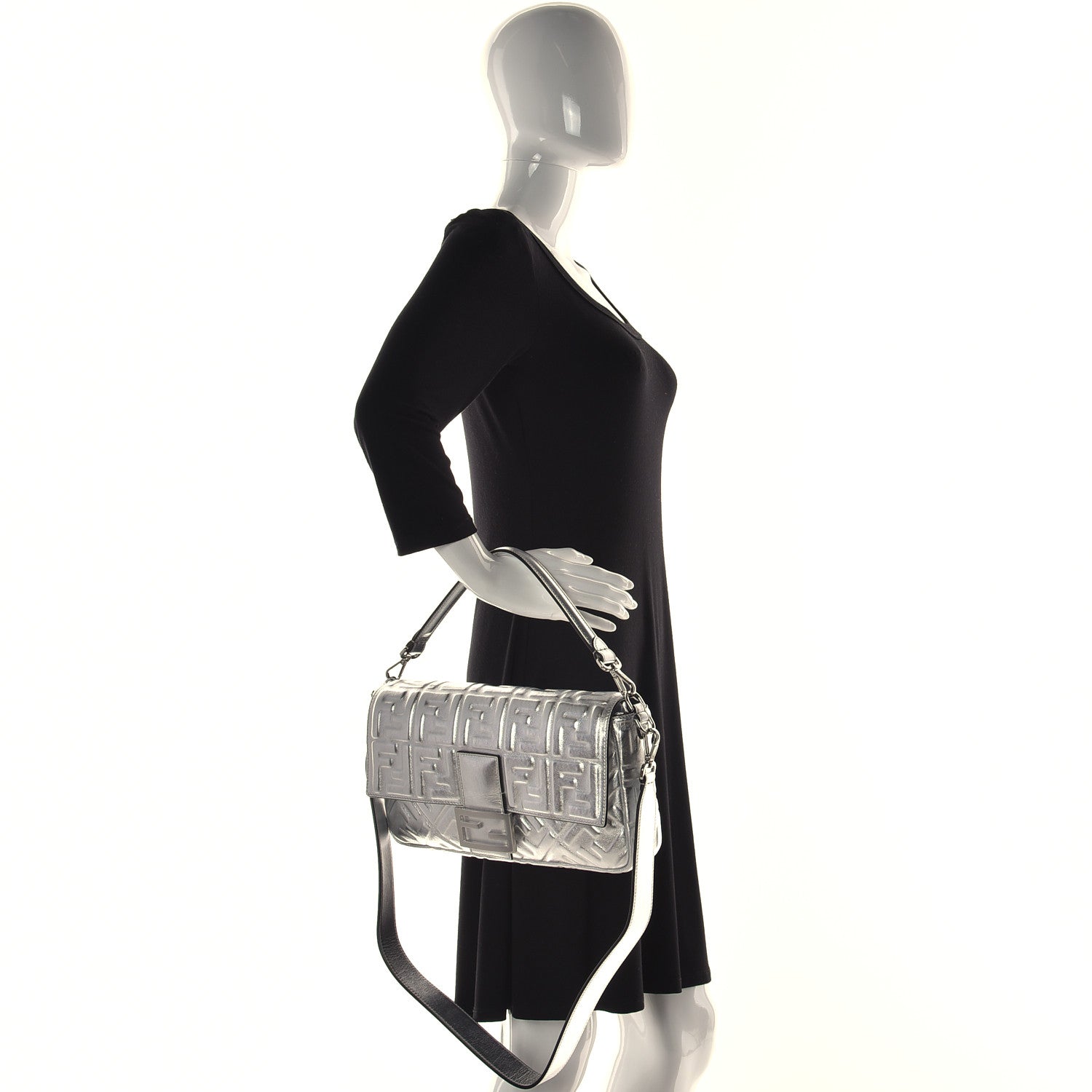 Fendi Vitello Catalan Mirror FF 1974 Embossed Large Baguette Argento 5 of 15