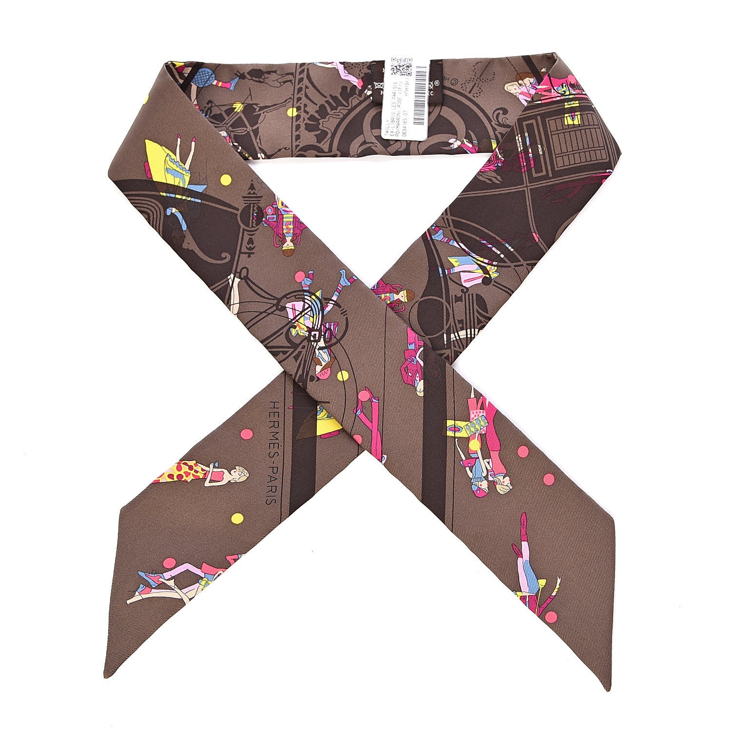 Hermes Silk Ex-Libris Les Parisie Twilly Marron Rose Vif Jaune 1 of 4