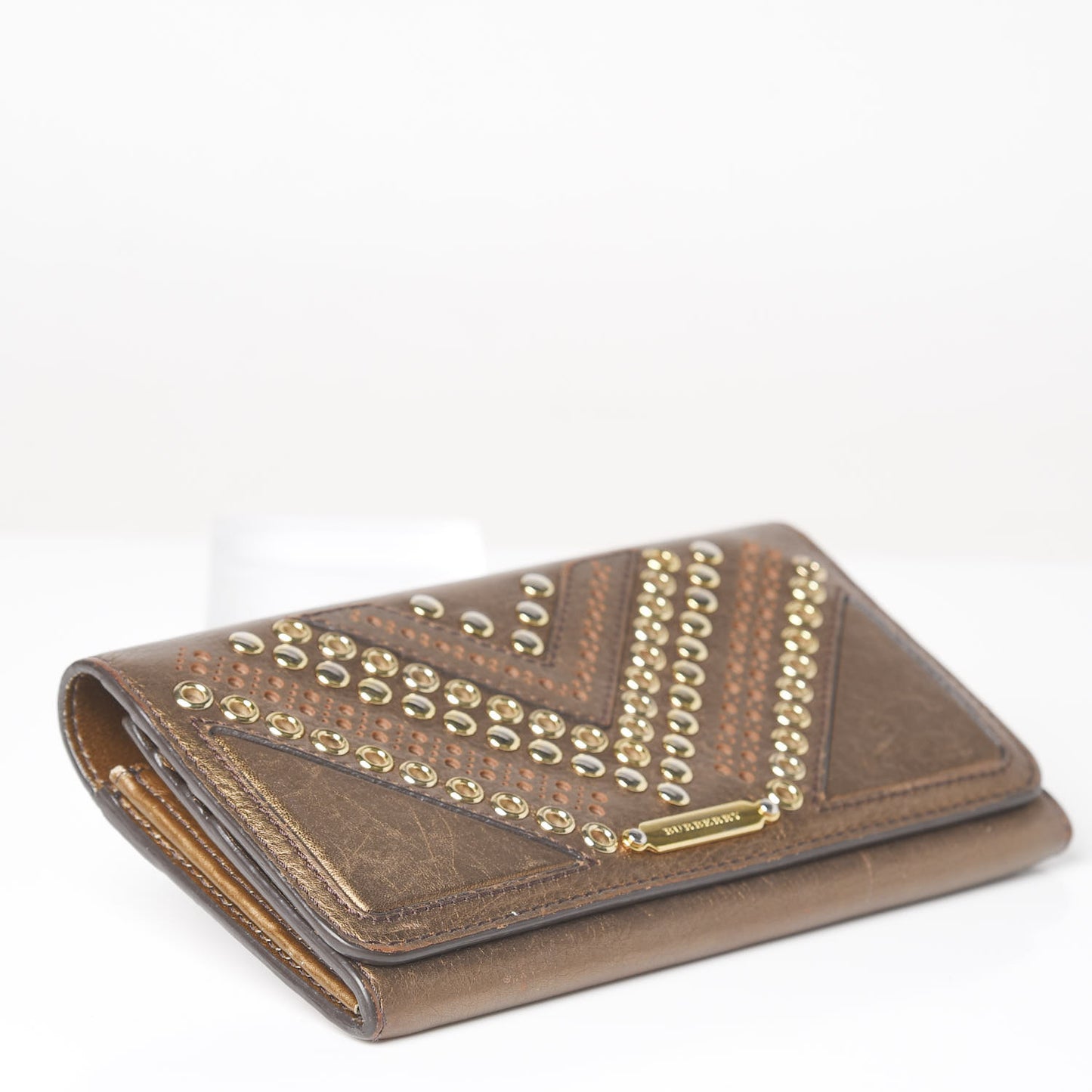 Metallic Calfskin Grommet Studded Flap Wallet Gold
