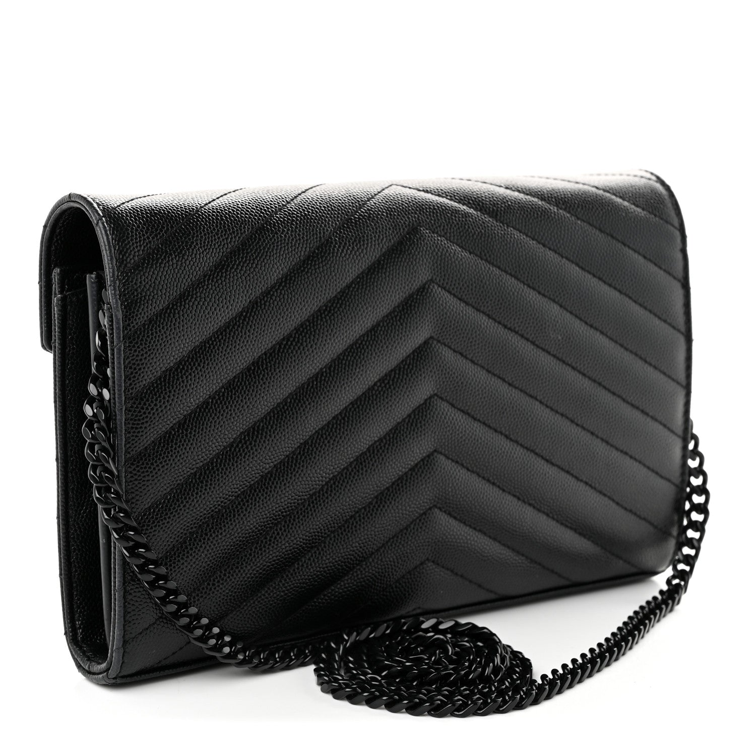 Saint Laurent Grain De Poudre Matelasse Chevron Monogram Monochrome Envelope Chain Wallet Black 3 of 10