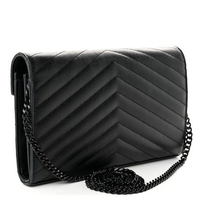 Saint Laurent Grain De Poudre Matelasse Chevron Monogram Monochrome Envelope Chain Wallet Black 3 of 10