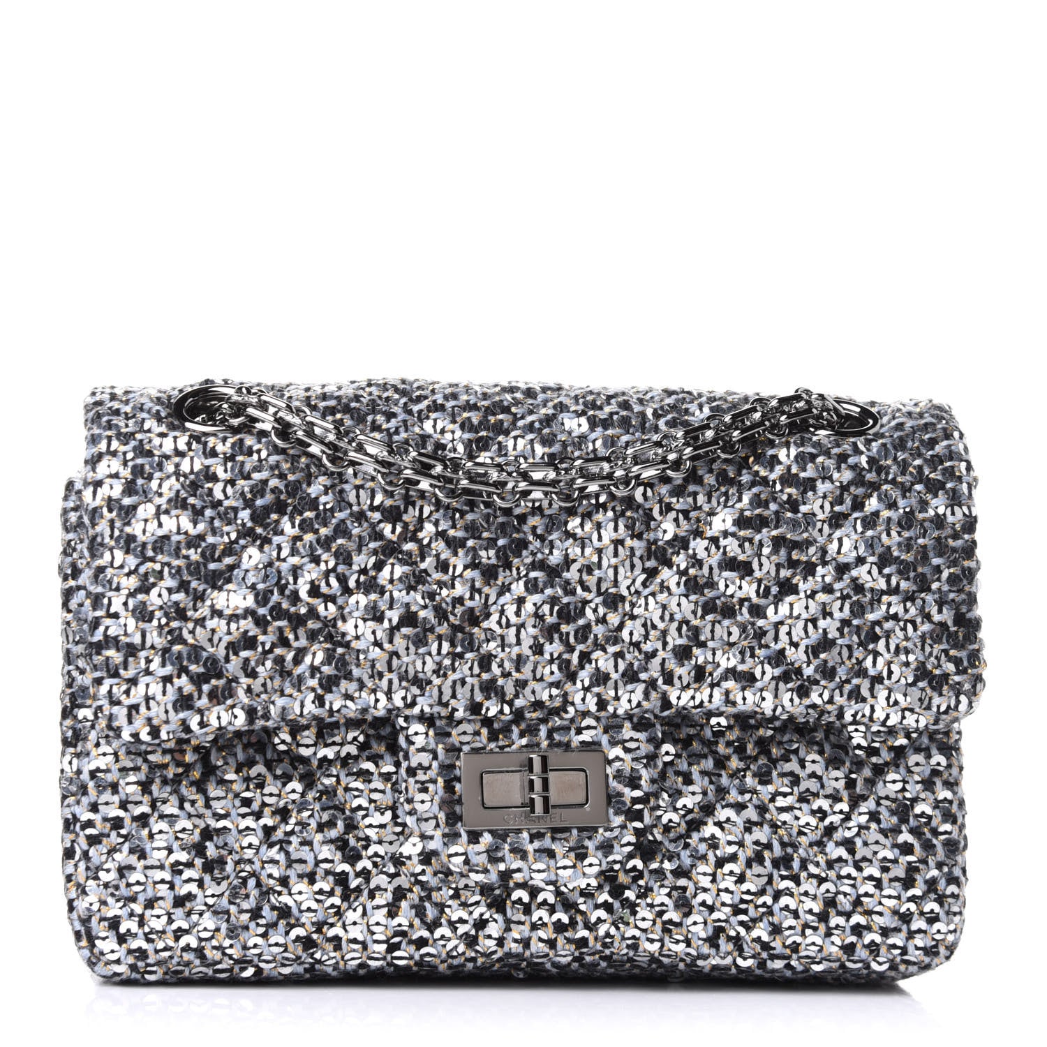 Chanel Tweed Quilted 2.55 Reissue Mini Flap Silver Black Gold 1 of 14