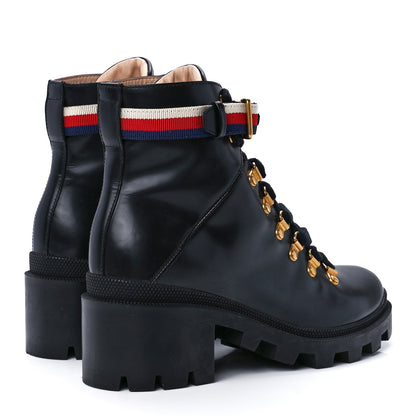 Gucci Calfskin Sylvie Web Womens Lace Up Combat Boots 37.5 Black 4 of 8
