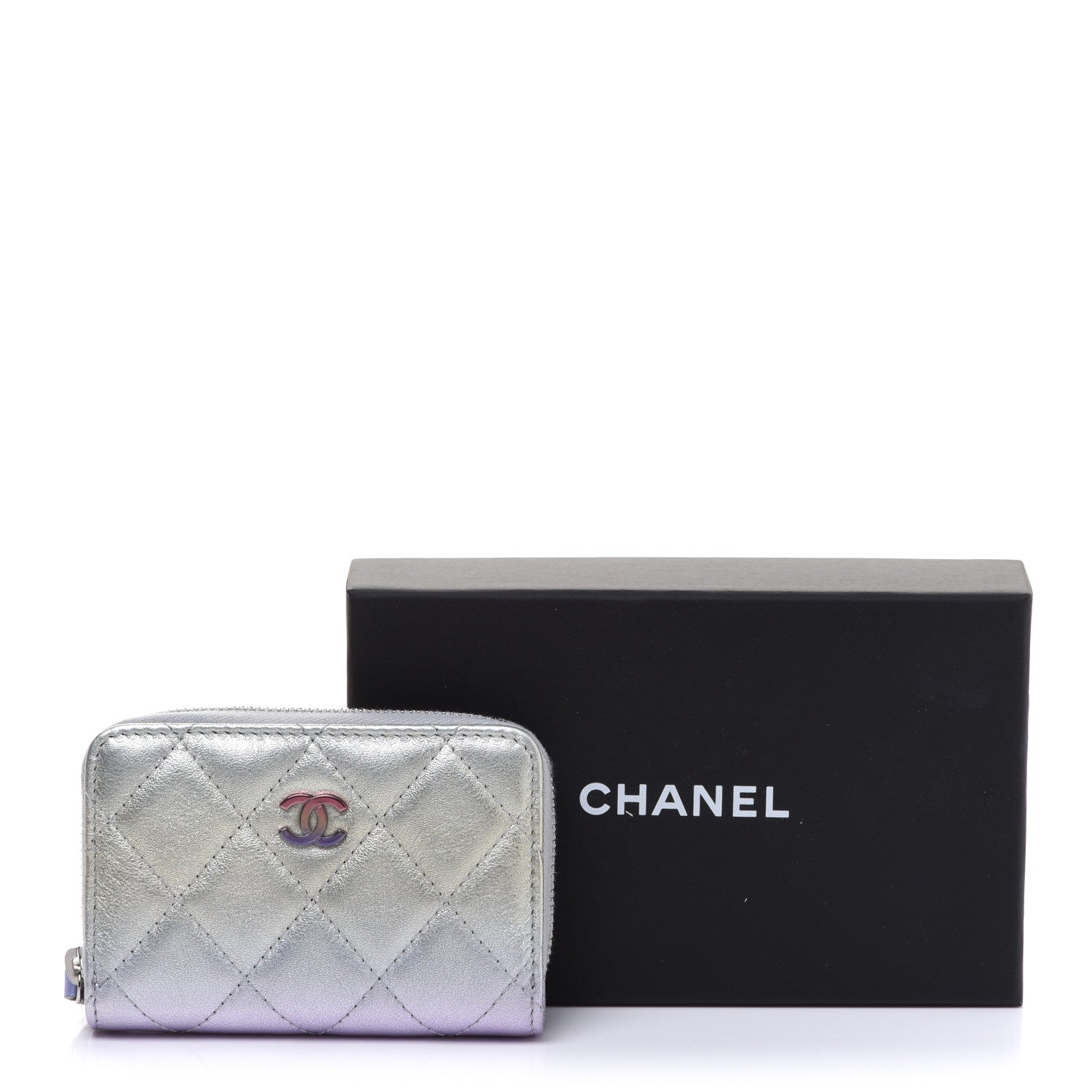 Chanel Gradient Metallic Calfskin Quilted Zip Around Coin Purse Wallet Silver Blue Yellow Purple 8 of 8