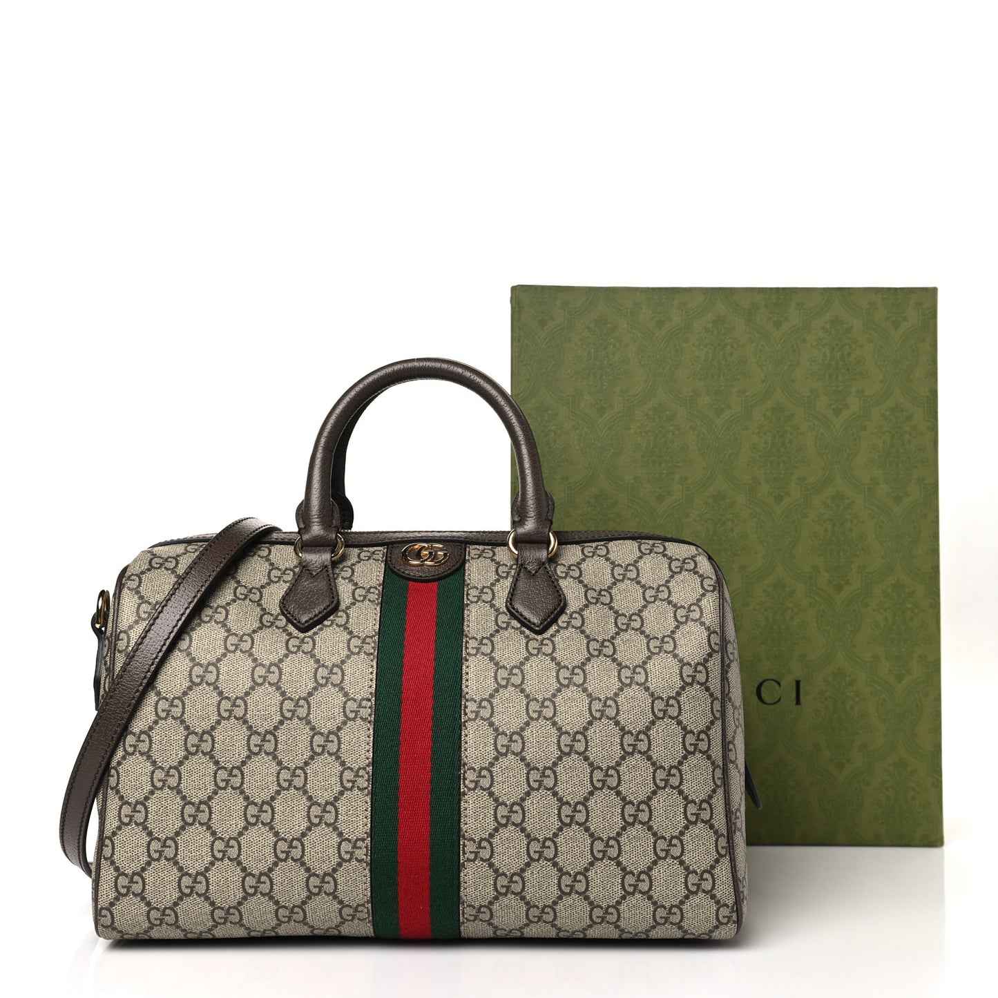 GG Supreme Monogram Web Medium Ophidia Top Handle Bag Beige Ebony