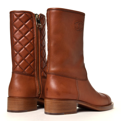 Chanel Calfskin Quilted CC Logo Mid Calf Boots 38 Caramel 3 of 7
