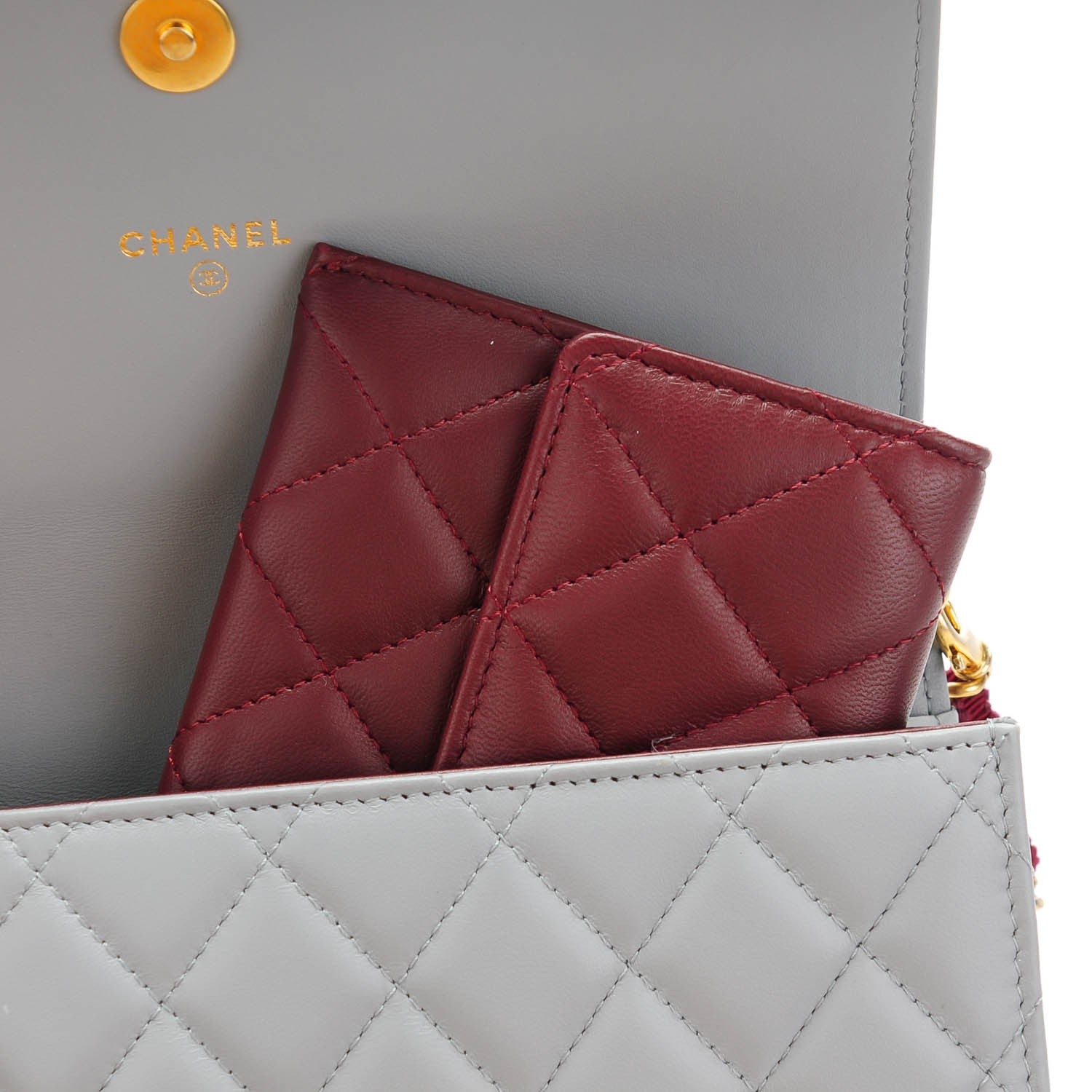 Chanel Lambskin Quilted Wallet With Removable Chain Grey Burgundy 5 of 9