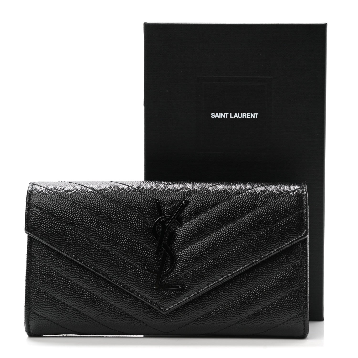 Saint Laurent Grain De Poudre Matelasse Chevron Monogram Flap Wallet Black 9 of 9