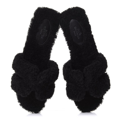 Hermes Woolskin Oran Sandals 38 Black 5 of 9